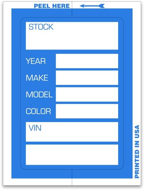 Kleer-Bak Stock Stickers for Car Dealerships – Clear-Back Adhesive Auto Window Tags with VIN Year Make Model Fields – High-Visibility Windshield Inventory Labels for Used Cars – Blue 200 Pack