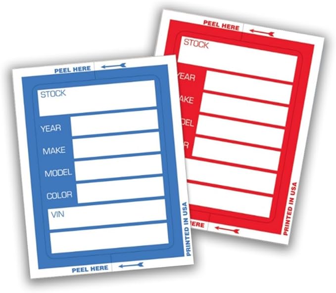 Kleer-Bak Stock Stickers for Car Dealerships – Clear-Back Adhesive Auto Window Tags with VIN Year Make Model Fields – High-Visibility Windshield Inventory Labels for Used Cars – Blue 200 Pack