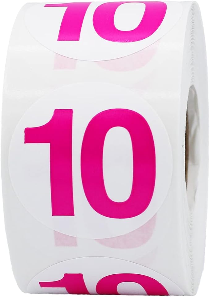 Hot Pink Number 10 Circle Stickers 1.5 Inches Round 500 Labels on a Roll for Inventory Organization Storage Bins Classrooms and Retail Use Made in The USA