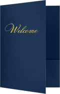 Welcome Packet Folders Dark Blue Linen Full Size with Two Pockets | 25 pk 9x12” Gold Foil Membership Church Team New Hire Visitors Business Card Insert HR Professional