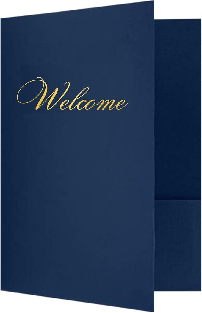 Welcome Packet Folders Dark Blue Linen Full Size with Two Pockets | 25 pk 9x12” Gold Foil Membership Church Team New Hire Visitors Business Card Insert HR Professional