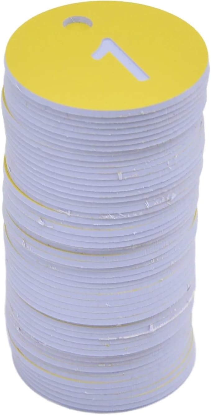 Round Plastic Engraved Number Discs Key Tags 1-100 Pack of 100 White and Yellow