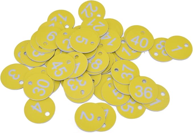 Round Plastic Engraved Number Discs Key Tags 1-100 Pack of 100 White and Yellow