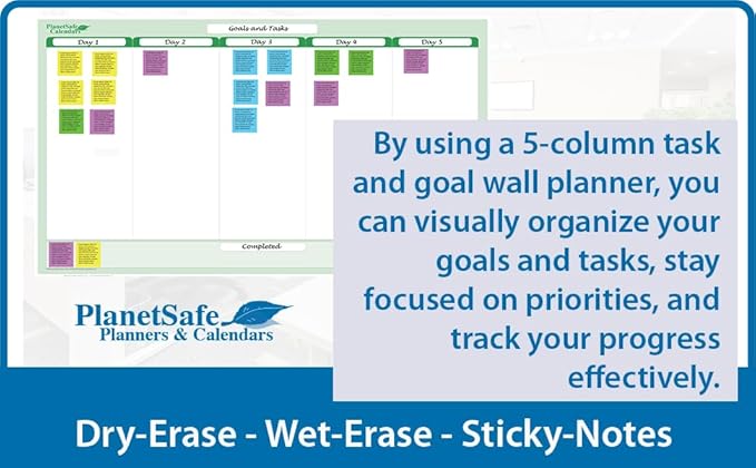 Earth Green 5-Column Dry-Erasable Task Goals &amp Objectives Wall Organizer Planner 24 wide x 19 tall - Horizontal. Complete with Marke and Eraser