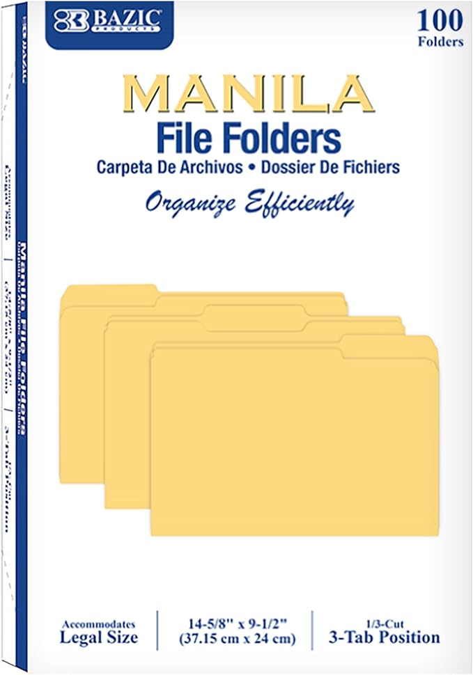 1/3 Cut Legal Size Manila File Folder (Pack of 100)