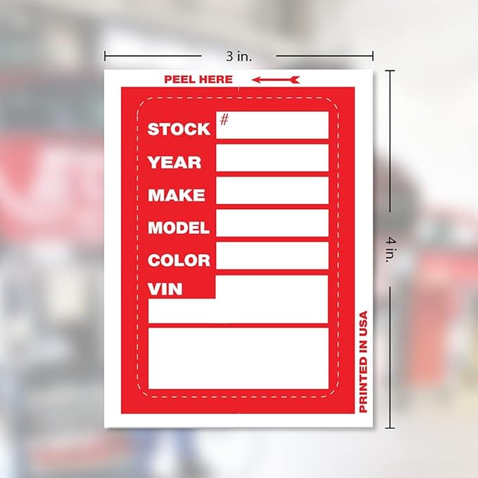 Kleer-Bak Stock Stickers for Car Dealerships – Clear-Back Adhesive Auto Window Tags with VIN Year Make Model Fields – High-Visibility Windshield Inventory Labels for Used Cars – Blue 200 Pack
