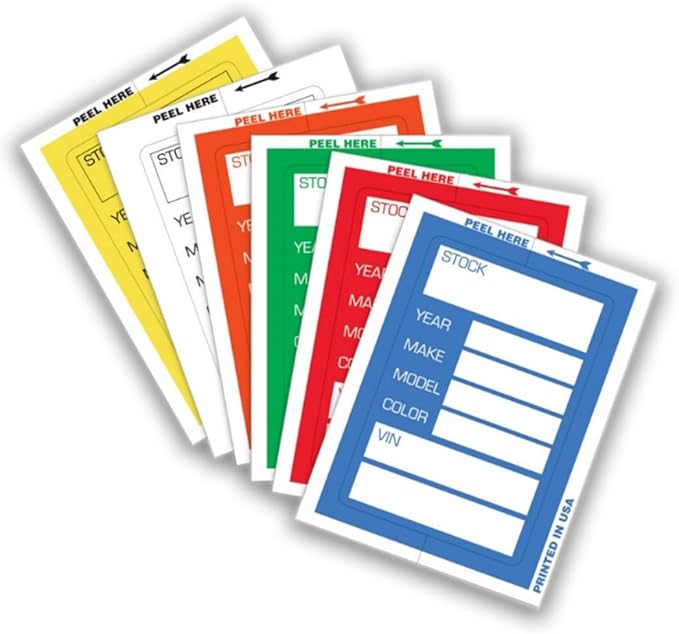 Kleer-Bak Stock Stickers for Car Dealerships – Clear-Back Adhesive Auto Window Tags with VIN Year Make Model Fields – High-Visibility Windshield Inventory Labels for Used Cars – Blue 200 Pack