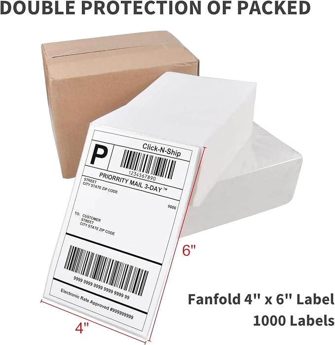 L LIKED 1000 4x6 Thermal Shipping Labels Fanfold Direct Thermal Printer Labels Compatible with Zebra Rollo - Perforated Strong Adhesive