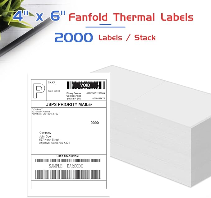 RyhamPaper 4 x 6 Fanfold Label Direct Thermal Labels - White Shipping Mailing Postage Labels Perforated Permanent Adhesive 2000 Labels Per Stack (2 Stacks - 4000 Labels)