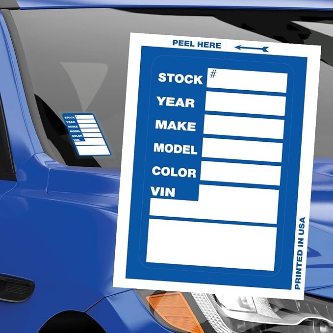 Kleer-Bak Stock Stickers for Car Dealerships – Clear-Back Adhesive Auto Window Tags with VIN Year Make Model Fields – High-Visibility Windshield Inventory Labels for Used Cars – Blue 200 Pack