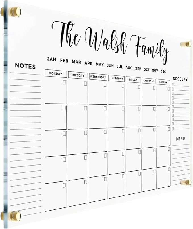 Large Personalized Acrylic Wall Calendar - Personalized 2026 Dry Erase Calendar Family Calendar Monthly and Weekly Board Family Planner (24x18 Standard Package)