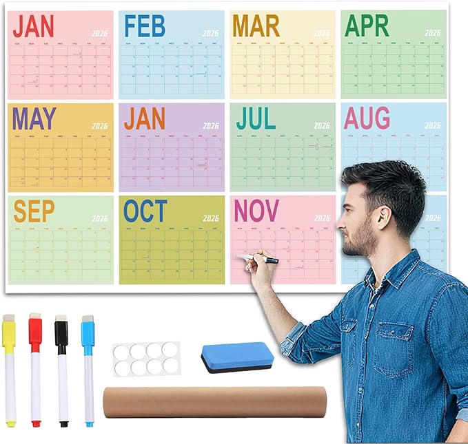2026 Wall Planner 34.8x22.8 Dual-Sided Dry Erase Calendar with 8 Adhesive Dot Stickers Horizontal/Vertical Large Monthly Yearly Planner For Office Home Students Blue