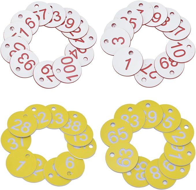 Round Plastic Engraved Number Discs Key Tags 1-100 Pack of 100 White and Yellow