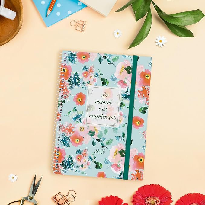 Finocam Spiral Calendar 2026 Day to a Page | January - December (12 Months) | 2026 Year Planner with Elastic Band | Polypropylene Cover Spiral Binding Design Collection - Now - French