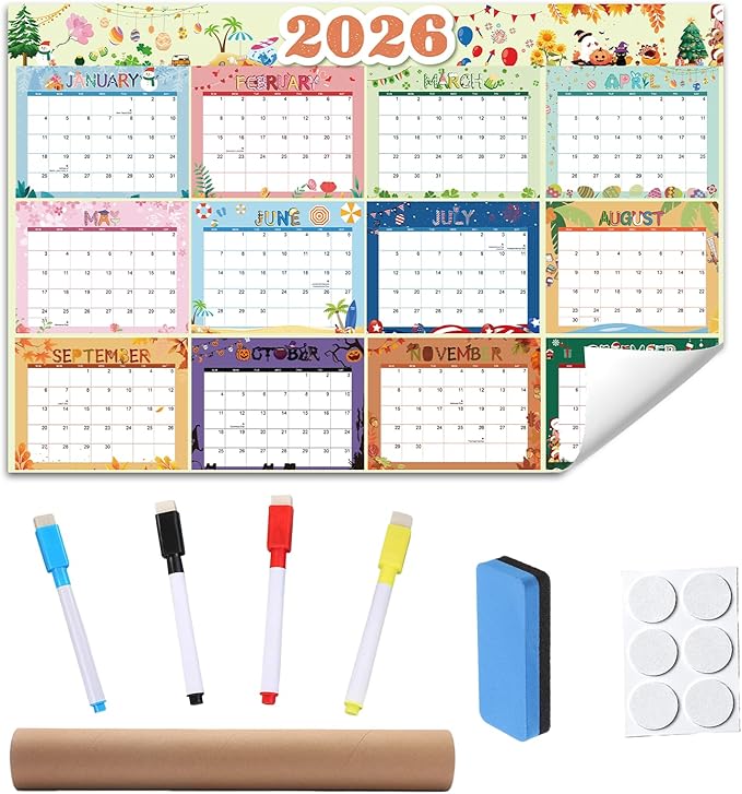2026 Wall Planner 34.8x22.8 Rolled Dry Erase Calendar with 8 Adhesive Dot Stickers Double-Sided Laminated Large Monthly Yearly Planner for Office Home Students Summer Tangerine