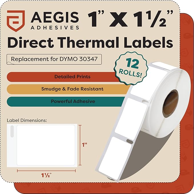 Aegis Adhesives - Replacement for DYMO 30347 (12 Rolls 9000 Labels) 1 X 1 1/2 Direct Thermal Barcode and Book Spine Labels - Compatible with LabelWriter 450 450 Turbo 4XL (NOT 550 5XL)