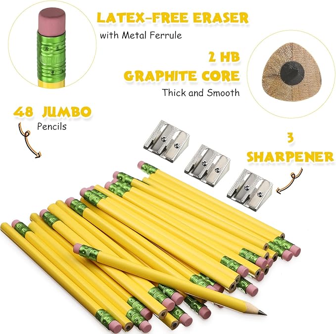 Fainne 48 Pcs Fat Pencils Jumbo Big Thick Large Pencils and 3 Pieces Sharpeners for Kids Beginners Preschoolers Kindergarten School Office Supplies(Yellow+GreenTriangle)
