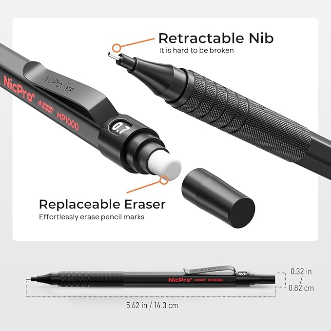 Nicpro 20PCS Black Metal Mechanical Pencil Set in Leather Case Drafting Pencil 0.3 0.5 0.7 0.9 mm &amp 2mm Lead Holders 9 Tube (4B 2B HB 2H Colors) Lead Refills Erasers For Art Sketching Drawin