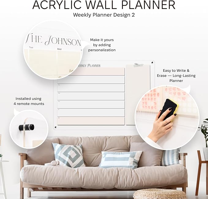 ENJOY THE WOOD Acrylic Dry Erase Calendar for Wall - Personalizable Dry Erase Planner for Home &amp Office - Family Calendar Board with Weekly Daily &amp Habit Tracker Designs (Weekly Planner Desig