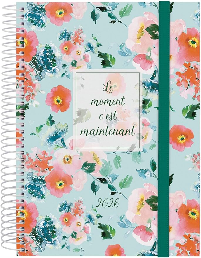 Finocam Spiral Calendar 2026 Day to a Page | January - December (12 Months) | 2026 Year Planner with Elastic Band | Polypropylene Cover Spiral Binding Design Collection - Now - French