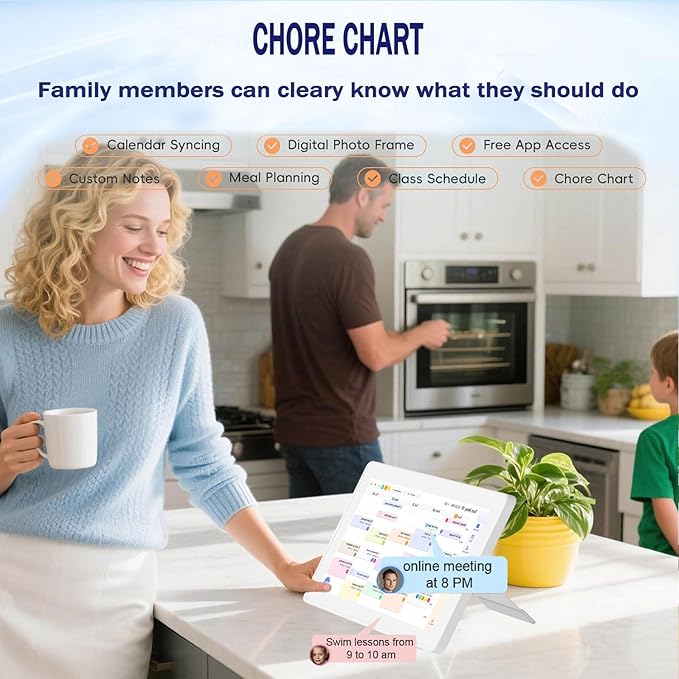 Smart Digital Calendar 15.6-inch Wall Planner &amp Family Organizer – Touchscreen Chore Chart Meal &amp Task Scheduler – Easy Wi-Fi Sync – No Subscription – Home &amp Office Display (White Frame)