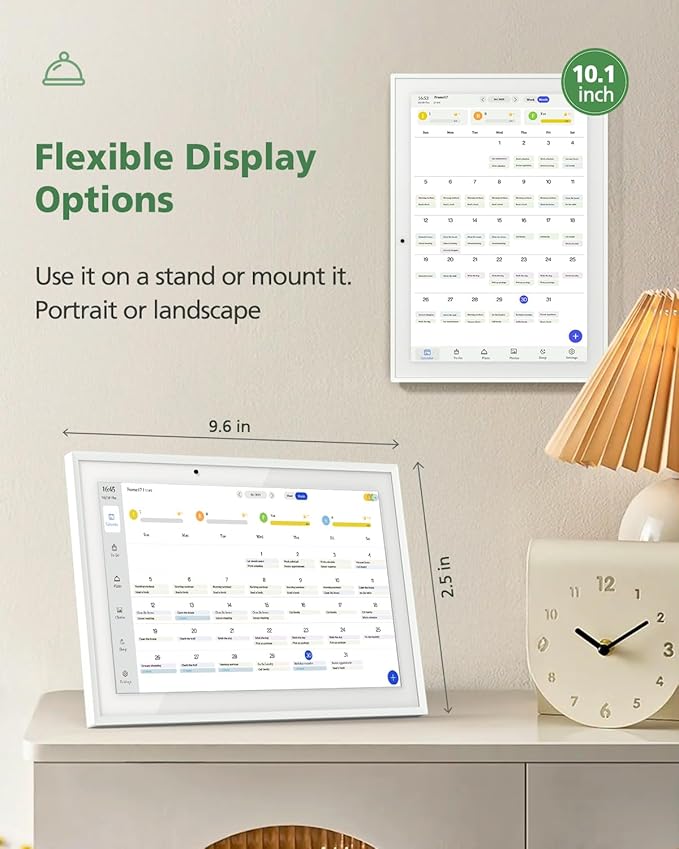 10.1 Digital Calendar Wall Touch Screen No Subscription Wall Mountable/Desk Digital Picture Frame Meal Planner &amp Chore Chart IPS Smart Electronic Family Organizer (White)