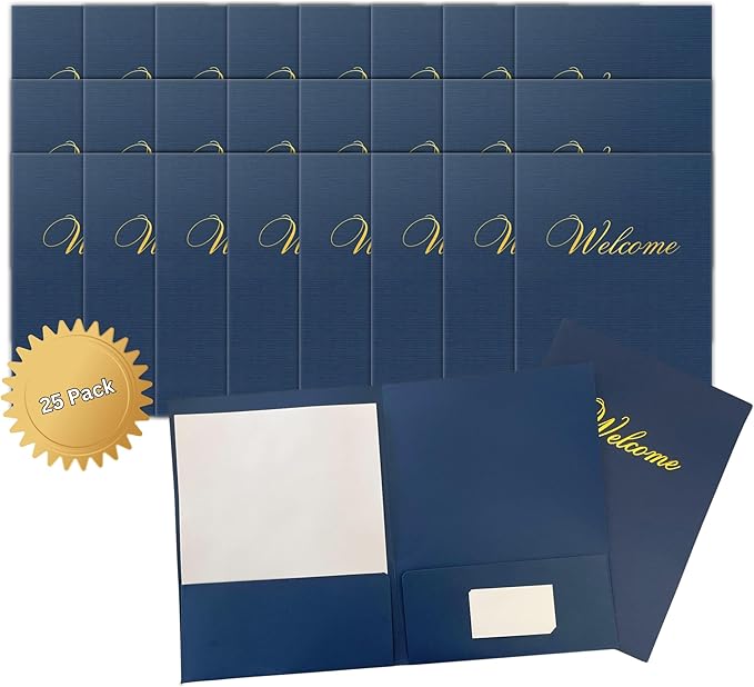 Welcome Packet Folders Dark Blue Linen Full Size with Two Pockets | 25 pk 9x12” Gold Foil Membership Church Team New Hire Visitors Business Card Insert HR Professional