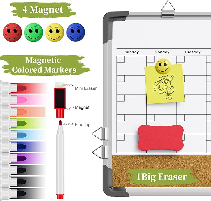 Dry Erase Calendar White Board for Wall Polegas 17 X 13 Magnetic Whiteboard Dry Erase Cork Board Combination Small Wall Monthly Double Sided Boards Student Home Office (White)