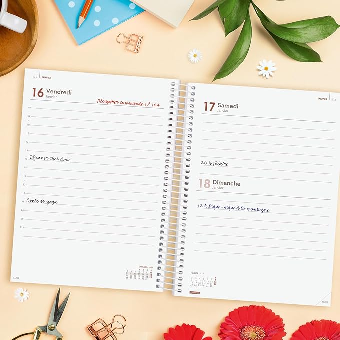 Finocam Spiral Calendar 2026 Day to a Page | January - December (12 Months) | 2026 Year Planner with Elastic Band | Polypropylene Cover Spiral Binding Design Collection - Now - French