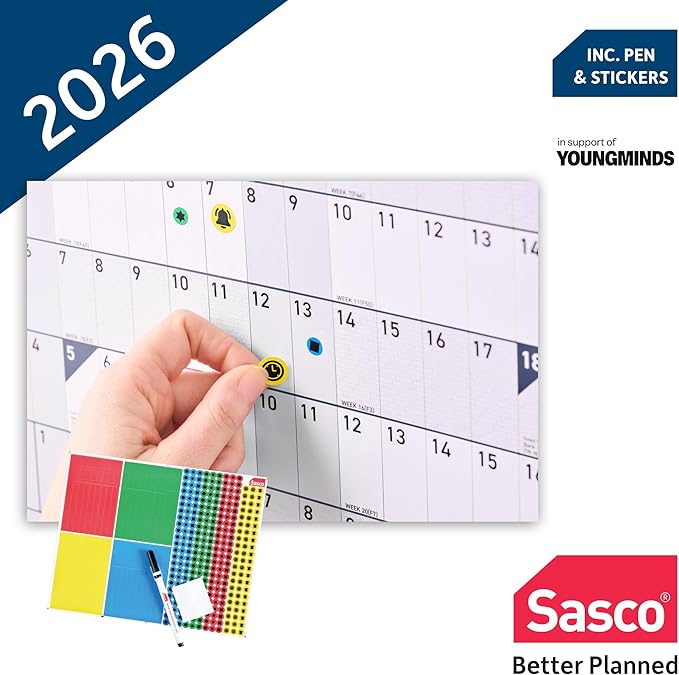 Sasco 2026 Compact Wall Planner – Portrait Year Calendar with Wet Wipe Pen &amp Stickers 40.5x61cm Blue – Calendar 2026 UK &amp ROI Holidays Marked – Convenient for Home or Study Areas