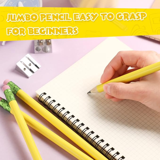 Fainne 48 Pcs Fat Pencils Jumbo Big Thick Large Pencils and 3 Pieces Sharpeners for Kids Beginners Preschoolers Kindergarten School Office Supplies(Yellow+GreenTriangle)