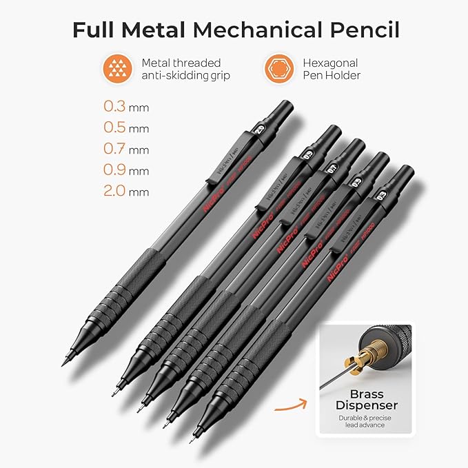 Nicpro 20PCS Black Metal Mechanical Pencil Set in Leather Case Drafting Pencil 0.3 0.5 0.7 0.9 mm &amp 2mm Lead Holders 9 Tube (4B 2B HB 2H Colors) Lead Refills Erasers For Art Sketching Drawin