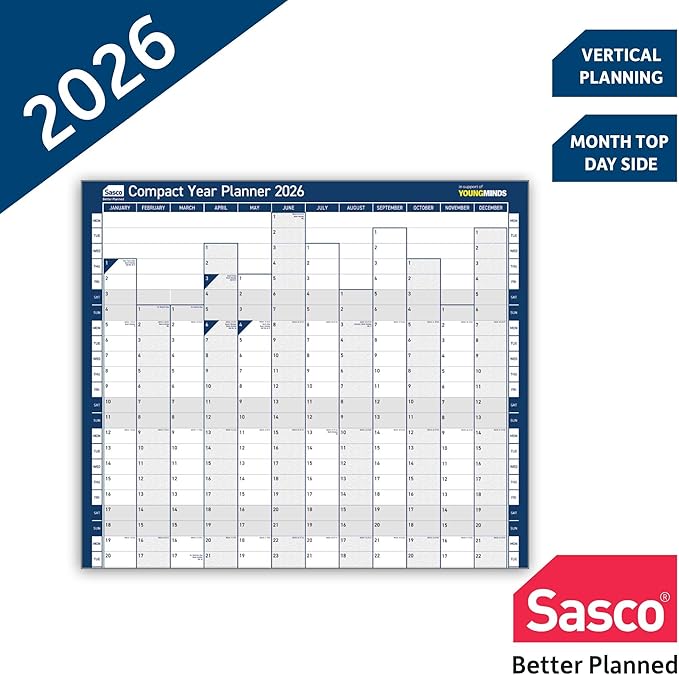Sasco 2026 Compact Wall Planner – Portrait Year Calendar with Wet Wipe Pen &amp Stickers 40.5x61cm Blue – Calendar 2026 UK &amp ROI Holidays Marked – Convenient for Home or Study Areas