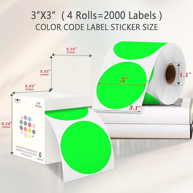 PARLAIM 3 Diameter Round Fluorescent Green Color Coding Sticker 4 Rolls 2000PCS Circle Dot LabelPermanent for Inventory Box Labeling