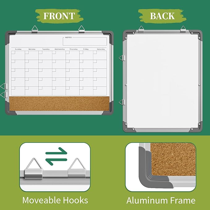 Dry Erase Calendar White Board for Wall Polegas 17 X 13 Magnetic Whiteboard Dry Erase Cork Board Combination Small Wall Monthly Double Sided Boards Student Home Office (White)