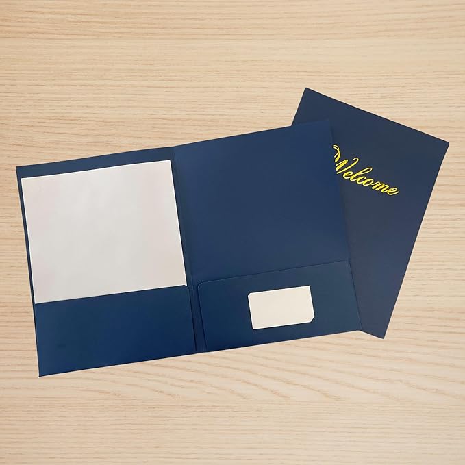 Welcome Packet Folders Dark Blue Linen Full Size with Two Pockets | 25 pk 9x12” Gold Foil Membership Church Team New Hire Visitors Business Card Insert HR Professional