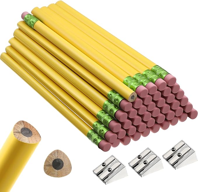 Fainne 48 Pcs Fat Pencils Jumbo Big Thick Large Pencils and 3 Pieces Sharpeners for Kids Beginners Preschoolers Kindergarten School Office Supplies(Yellow+GreenTriangle)