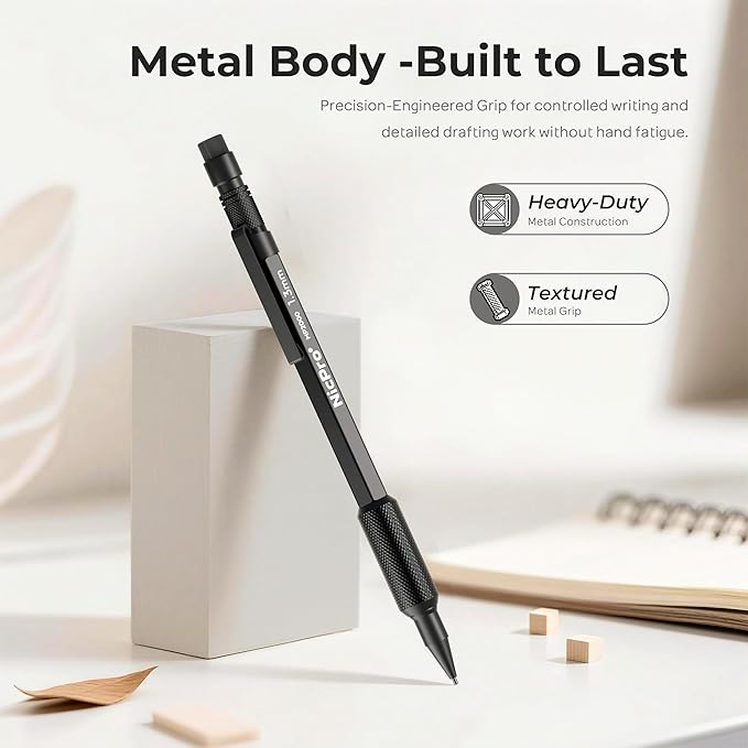 Nicpro 1.3mm Mechanical Pencil Set in Leather Bag with Waterproof Field Notebooks 3PCS Metal Heavy Duty Carpenter Pencil with Lead Refill &amp Eraser for Outdoor Journal Travel Drafting Drawing