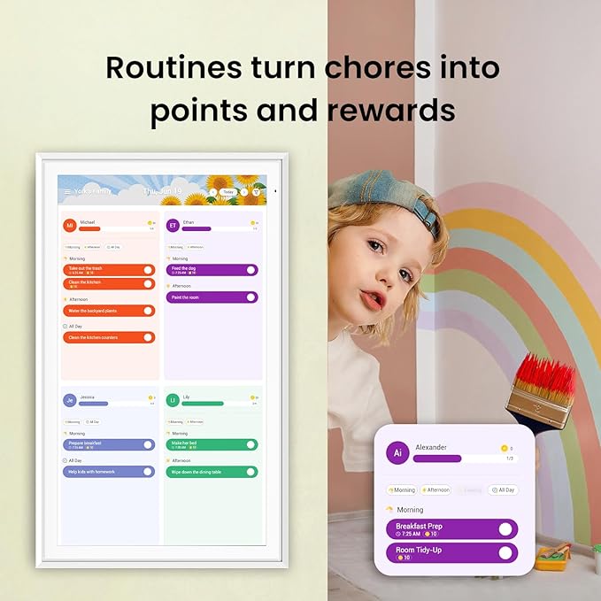 ApoloSign 27 Digital Calendar: Dual Mode Calendar with Google Play &amp Multi-calendar Sync Electronic Planner &amp Chore Chart Smart Touchscreen Interactive Display for Family Schedules (White