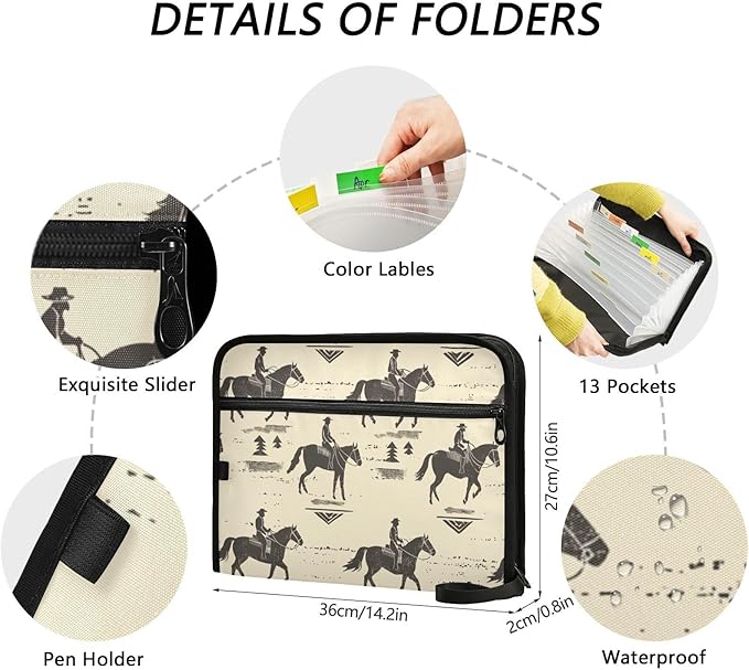 Cowboy Horseback Riding File FoldersPlastic Folders with 13 PocketsExpandable File Folder for Documents School Students OfficeAesthetic Folder with Labels A4 Letter Size
