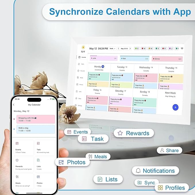 15.6 inch Wall Planner Digital Calendar &amp Chore Chart Smart Digital Photo Frame Vivid Hd Touchscreen for Family Schedules Calendar (US Plug)