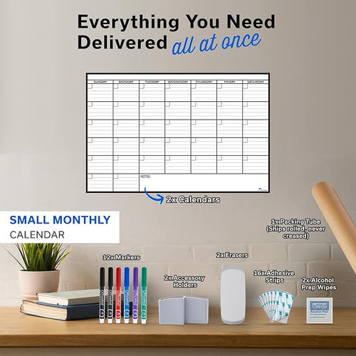 (2 PK) Small Dry Erase Calendar for Wall 17x26 Small Wall Calendar Dry Erase White Board for Office Home &amp School Erasable Whiteboard Monthly Undated Reusable White Board Planner