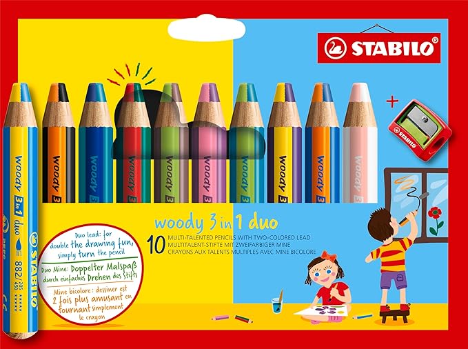 STABILO - woody 3-in-1 duo - Multi-Talented Pencil - Pack of 10 - Assorted colors with Sharpener