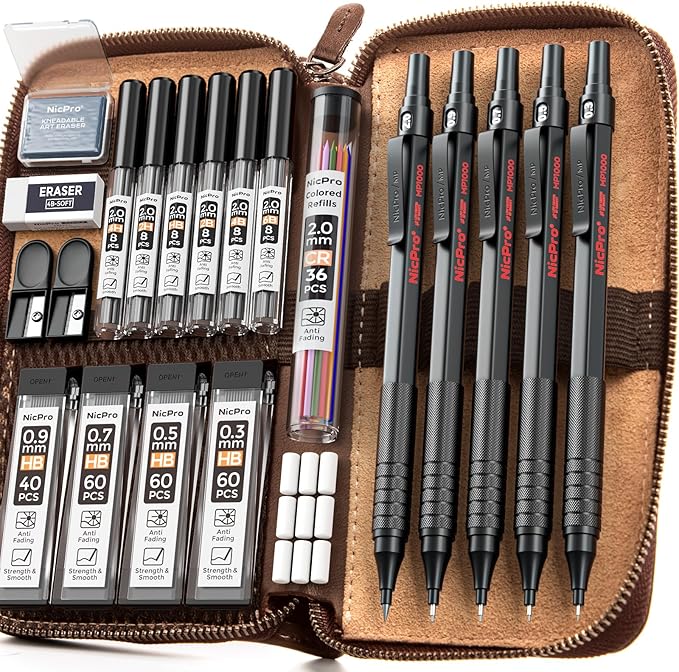 Nicpro 20PCS Black Metal Mechanical Pencil Set in Leather Case Drafting Pencil 0.3 0.5 0.7 0.9 mm &amp 2mm Lead Holders 9 Tube (4B 2B HB 2H Colors) Lead Refills Erasers For Art Sketching Drawin