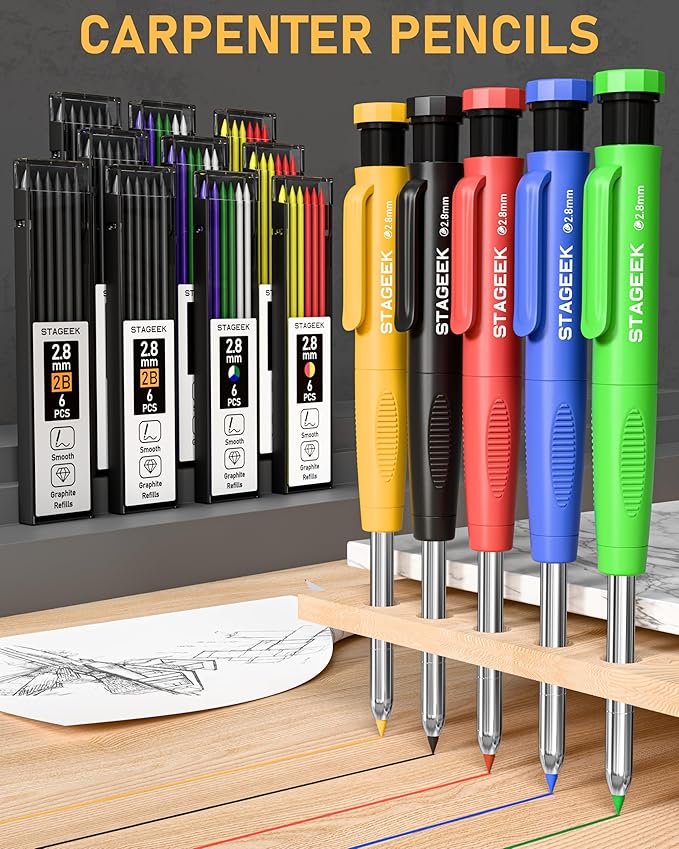49 Pack Carpenter Pencil Set with Sharpener Carpenter Pencils with Deep Hole Long-Nib Marker Pens Carbide Scribe Tool &amp Construction Pencil for Architect Woodworking with Case
