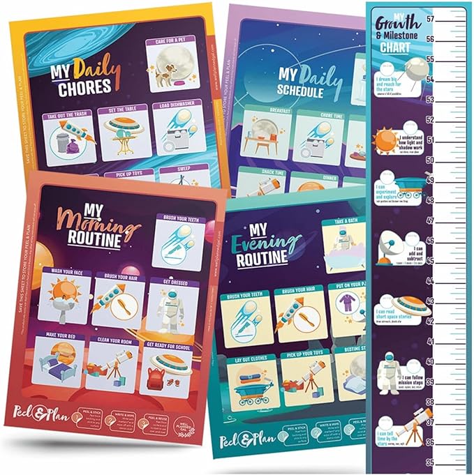 Chore &amp Growth Chart Bundle | Ages 5-7 | Dinosaur or Space Theme | Chores Schedules Routines and Growth Chart (Space)