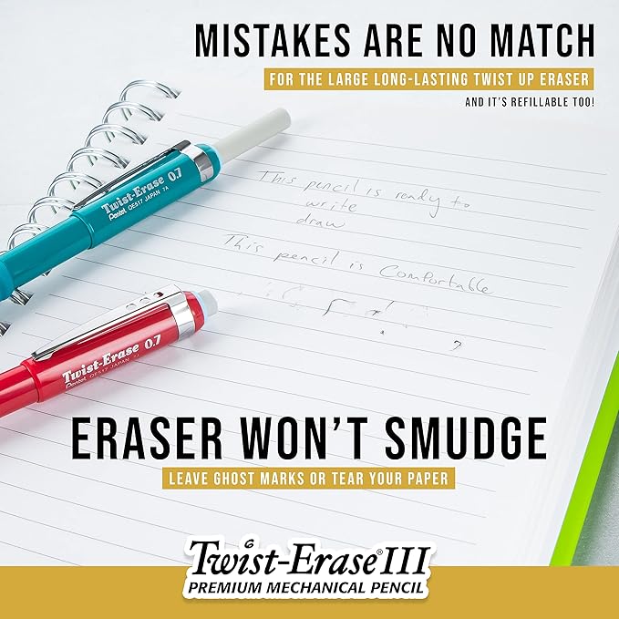 Pentel Twist-Erase III Mechanical Pencil (0.5mm) Fine Line Black Barrel Pack of 8 (QE515BP4A)