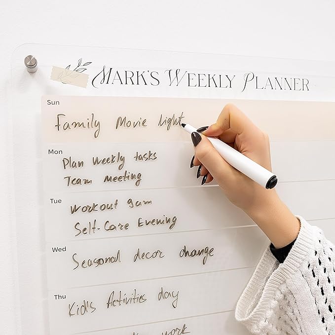 ENJOY THE WOOD Acrylic Dry Erase Calendar for Wall - Personalizable Dry Erase Planner for Home &amp Office - Family Calendar Board with Weekly Daily &amp Habit Tracker Designs (Weekly Planner Desig