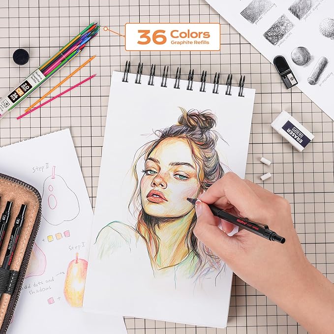 Nicpro 20PCS Black Metal Mechanical Pencil Set in Leather Case Drafting Pencil 0.3 0.5 0.7 0.9 mm &amp 2mm Lead Holders 9 Tube (4B 2B HB 2H Colors) Lead Refills Erasers For Art Sketching Drawin