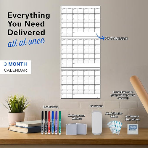 (2 PK) 3 Month Dry Erase Calendar for Wall 40x17 3 Month Wall Calendar Dry Erase Big White Board for Office Home &amp School Erasable Whiteboard Monthly Undated Reusable White Board Planner
